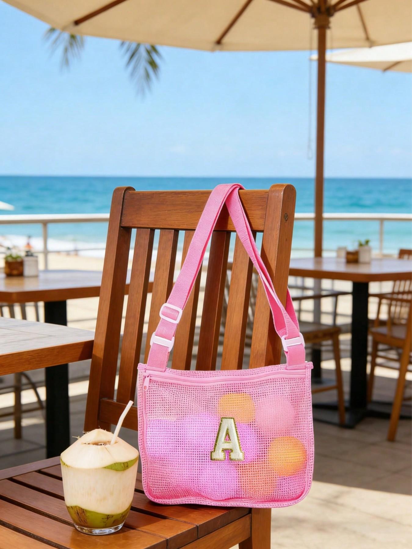 Letter Beach Mesh Bag, Shell Storage Pouch, 30cmx25cm, Unisex Swimming Accessory, Ideal for Vacations, No Ocean Balls Included