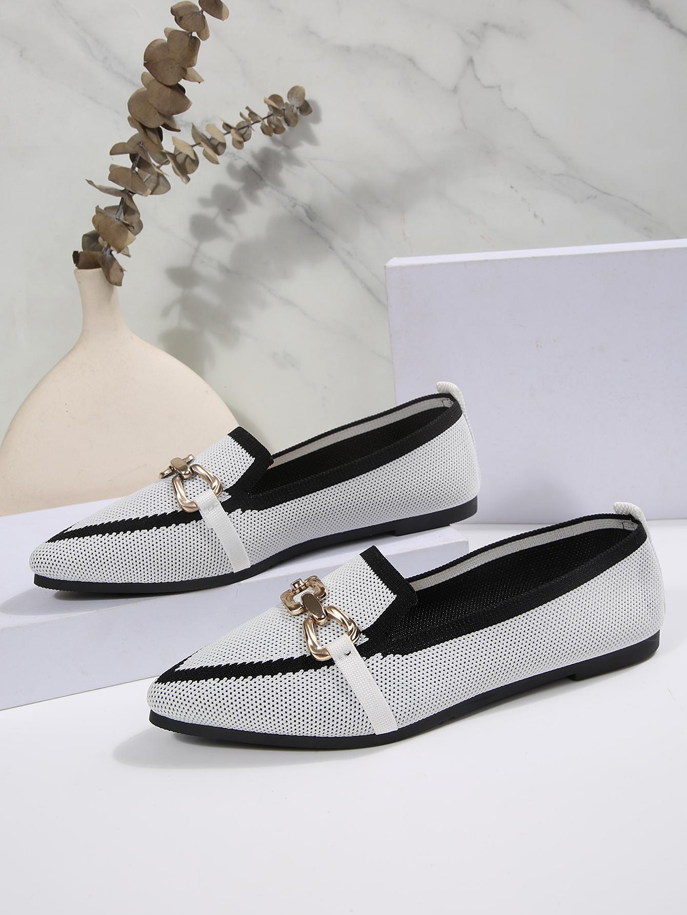1 Pair Women's  Colorblock Knit Pointed Toe Metal Buckle Flat Loafers, Minimalist Commute Style Breathable Slip-On Shoes, Versatile Elegant Comfortable Professional Footwear for Office Work