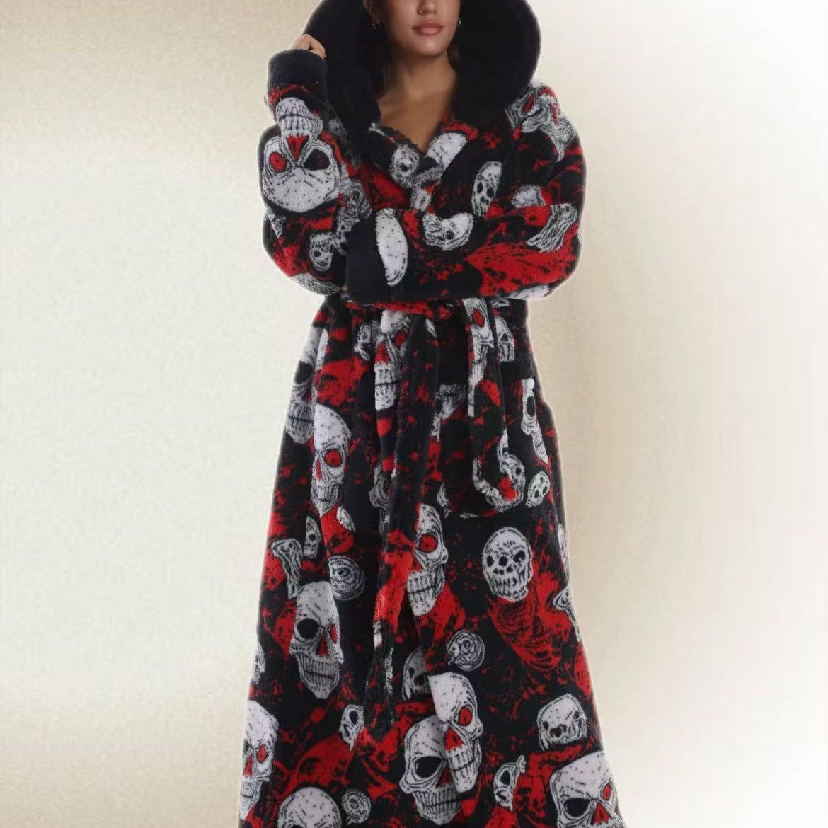1pc Skull Print Flannel Bathrobe, Plus Size with Hat and Belt, Unisex, Soft and Warm, Perfect Gift