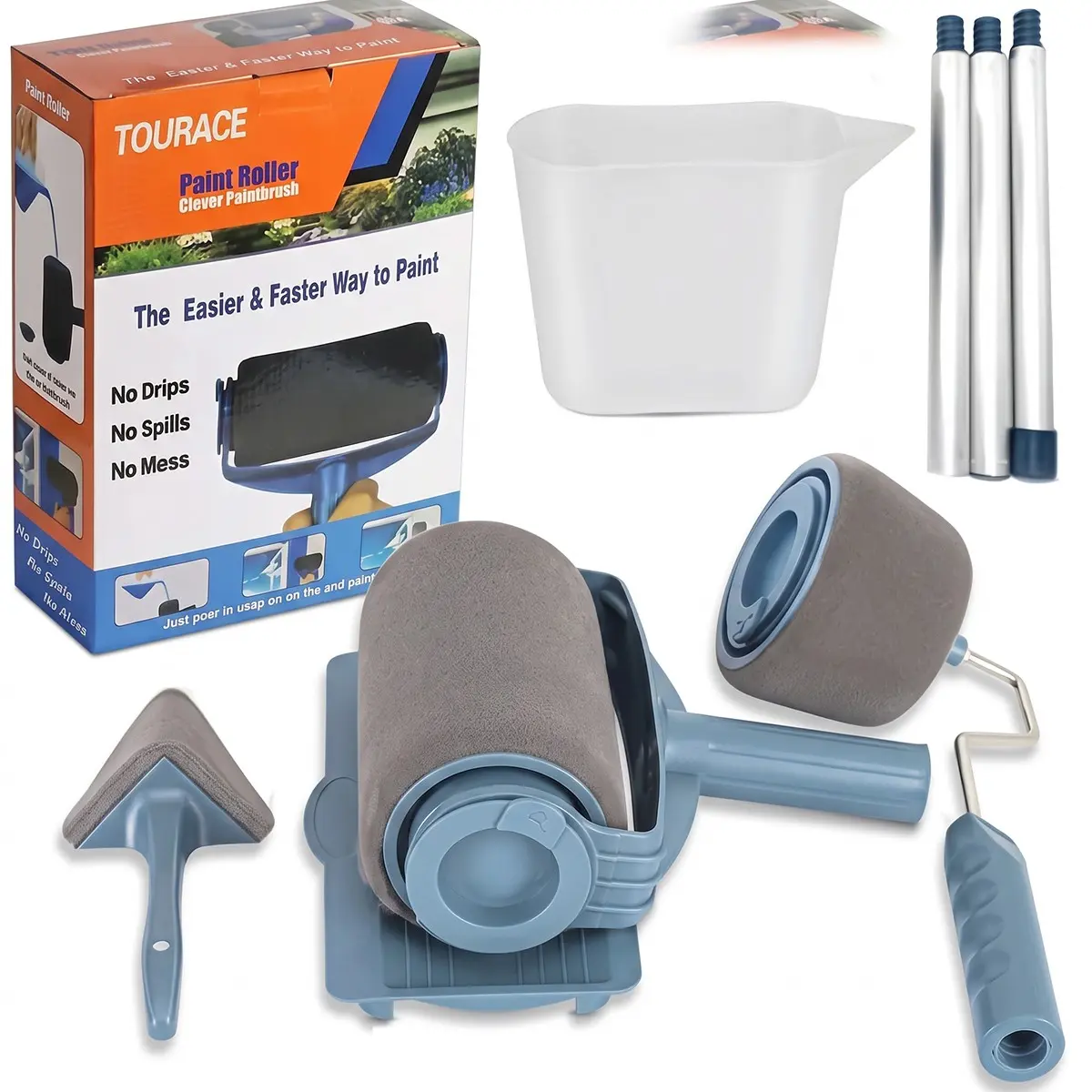 8pcs TouRace Paint Roller Set with Stick for DIY Room Makeover, Includes No-Drip Tray and 2 Precision Edging Tools, Perfect for Smooth Wall Painting and Home Renovation