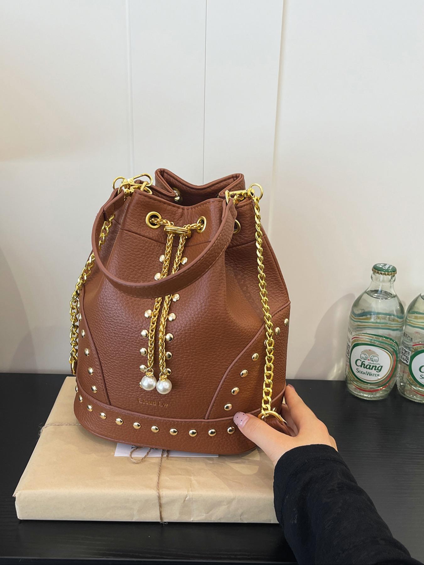 High-Quality Leopard Texture Rivet Drawstring Bucket Bag, Vintage Luxury Pearl Chain Shoulder Crossbody Bag, Women's Mini Storage Bag, Faux Leather Crossbody, Stylish Chain Bag