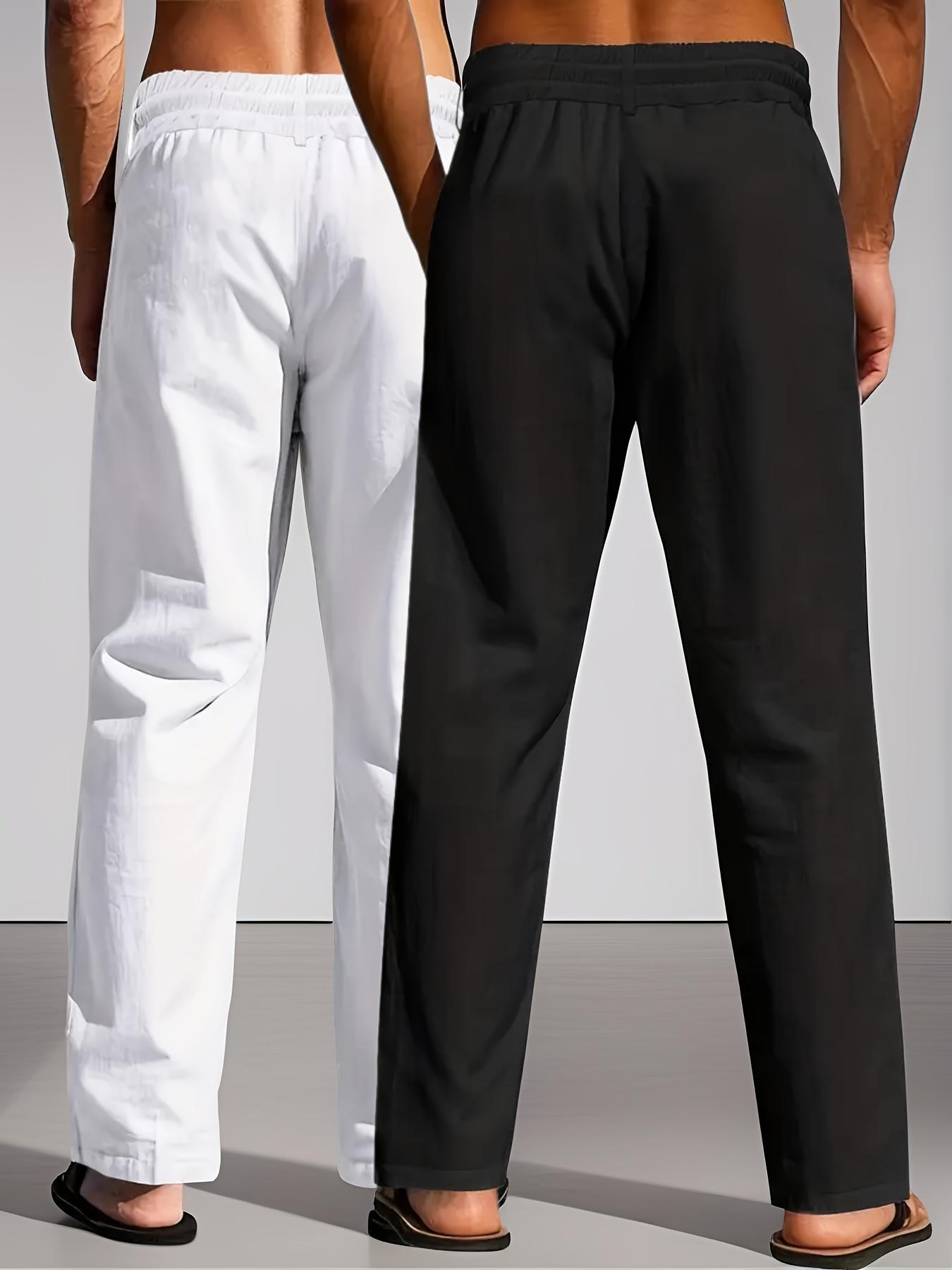 2 pieces men's plain-colored linen casual straight-leg pants, Casual Comfy Fashion, for spring, summer and autumn, with drawstring and faux buttons design, lightweight breathable, suitable for daily commuting, outdoor travel, fitness