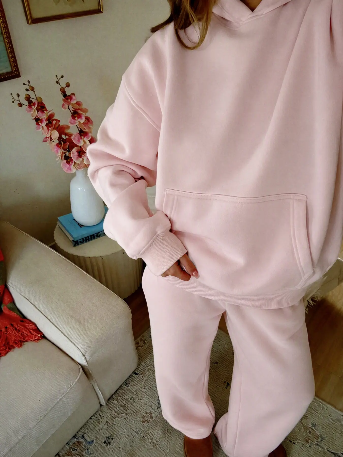 Women's Solid Color Hoodie Set, Fall Winter Two-Piece, Casual Fit Drop Shoulder Pocket Hoodie + Wide Leg Sports Pants, Daily Wear