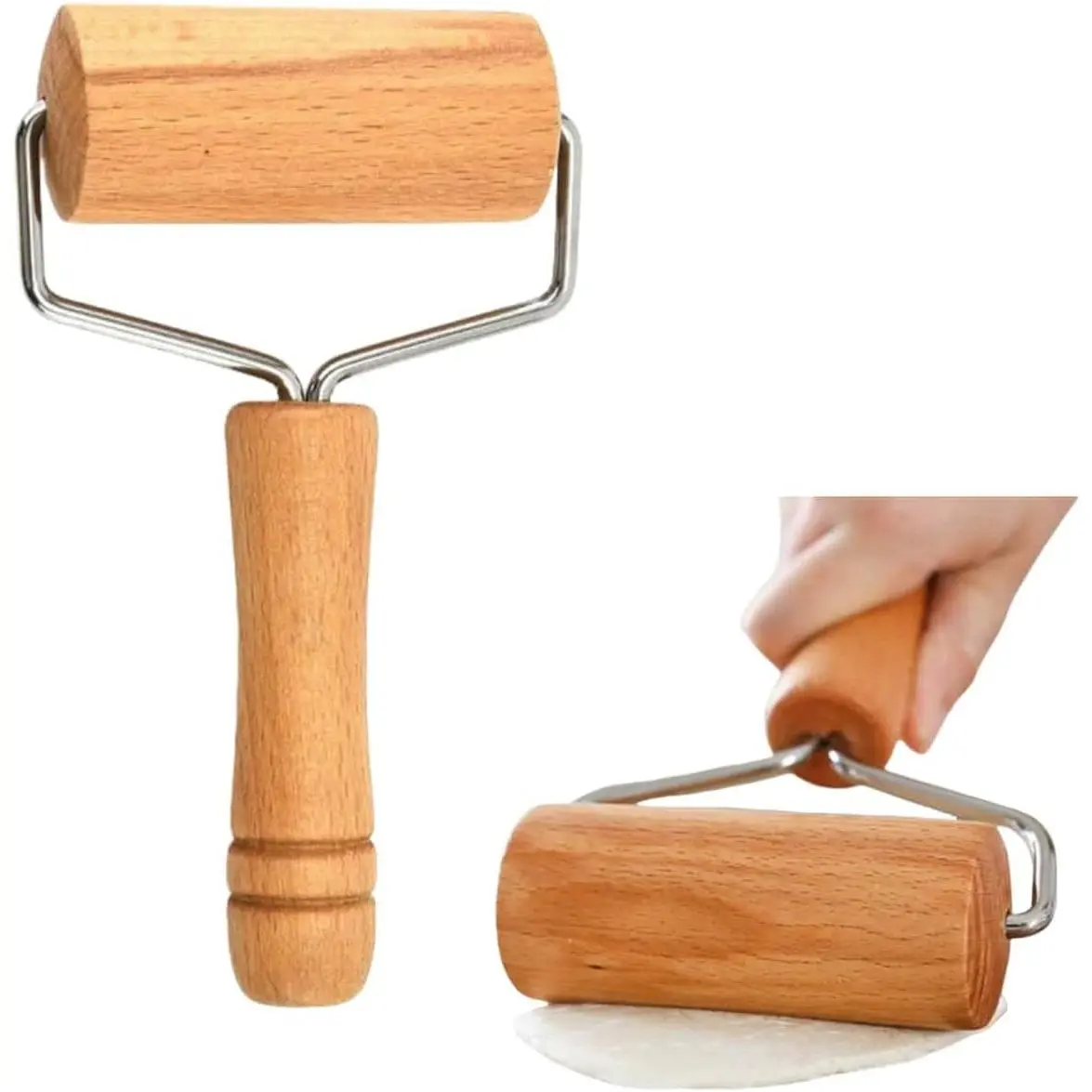 Multi-Use Stainless Steel & Beechwood Roller Rolling Pin with Adjustable Thickness - Dumpling/Pasta Maker, Pizza Tool for Chefs, Dishwasher Safe, Rustproof Kitchen Bakeware Utensil (Y)