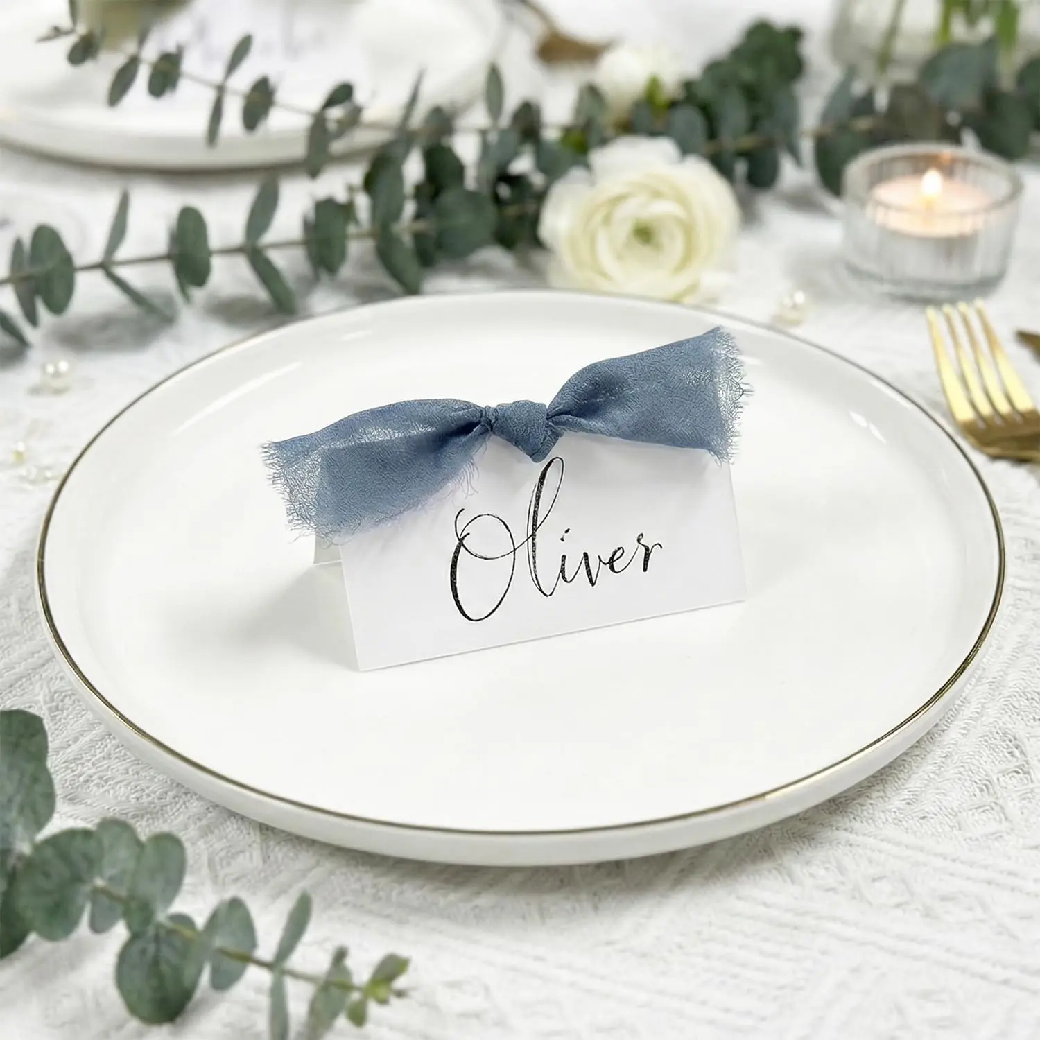 50Pcs Premium Place Cards, Small Table Cards with Blue Ribbon, 2" x 3.5" Tent Card, Name Card, Wedding Place Cards for Wedding, Valentines Day, Table, Dinner Parties, Seating Card
