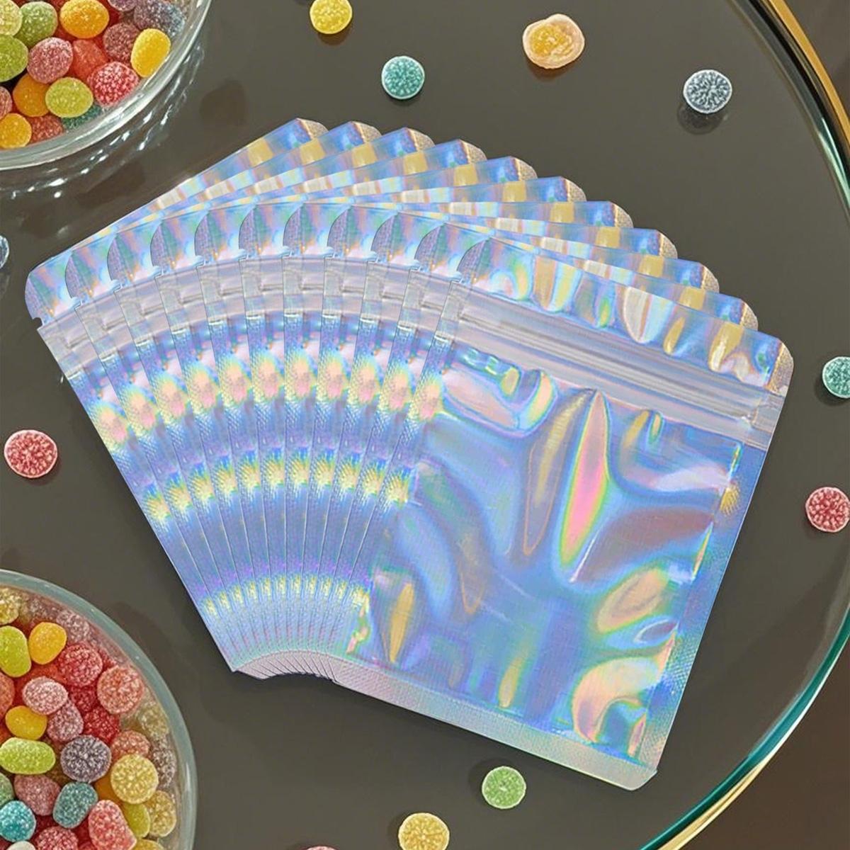 50pcs Mylar Bags, Holographic Packaging Bags, Resealable Smell Proof Bags, Jewelry Pouch Bag, Clear Foil Pouch Bag for Candy