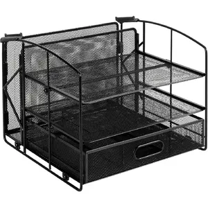 Basics Sturdy Rectangular Desktop Organizer with 3 Trays, Sliding Drawer and Hanging File Holder for Office Supplies, Black