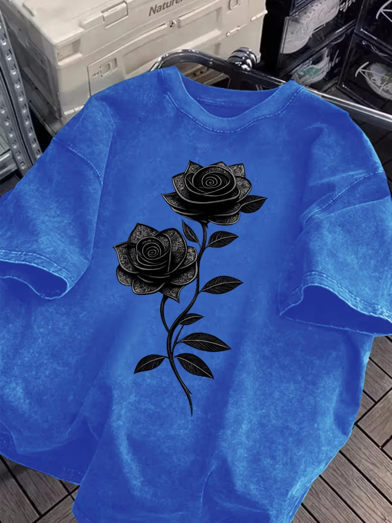 Cotton Short Sleeve Long T-Shirt, Floral Rose Flower Print Design, Loose Fit, Breathable, Street Casual Style, Perfect for Daily, Streetwear Fashion