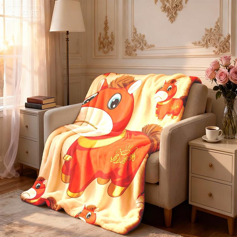 Cute Bitter Horse Theme Flannel Blanket, Large Size, Soft Lightweight Warm, Perfect for Bed Sofa Office Camping Travel Gift