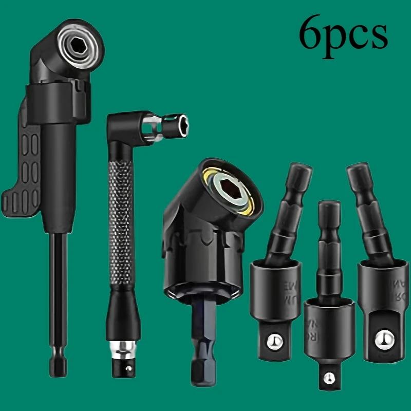 Right Angle Drill Attachment Set (6-Piece),including 3 pieces of 360-degree swiveling 1/4-inch, 3/8-inch, and 1/2-inch impact-grade socket adapters, 2 pieces of 105-degree hex shank angle adapters, and a 90-degree right angle drill bit,heavy-duty tool kit