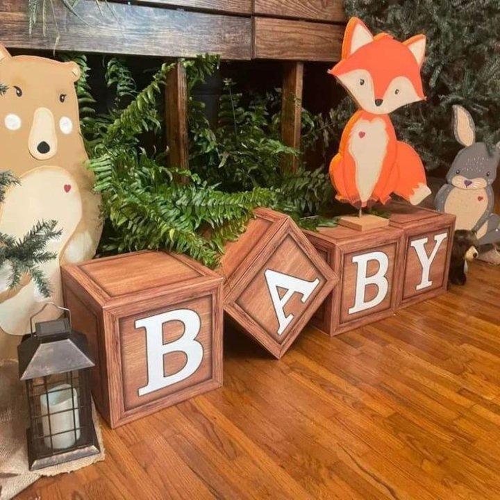 Wood Grain Printing Baby Shower Display Boxes Decoration, Neutral Gender Reveal Backdrop Brown Baby Stacking Blocks Backdrop for Kids Birthday Party