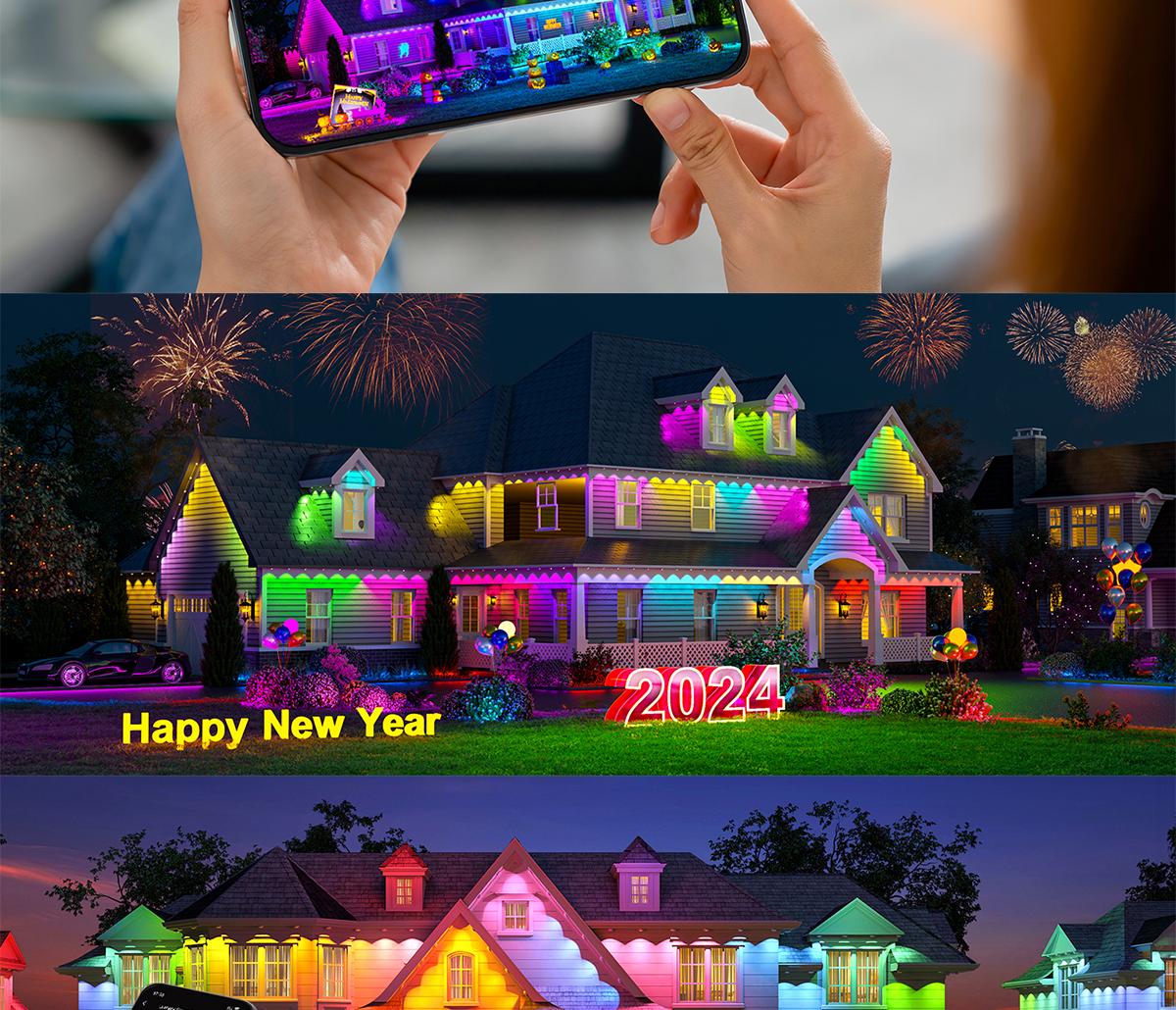HYPERLITE RGB IC Eaves Lights with 30/60 LEDs, Permanent Outdoor Lighting, Music Sync Party Lights, IP67 Waterproof, Bluetooth APP & Remote Control, 50/100 Feet - Perfect for Decorative，SpringGlowUp