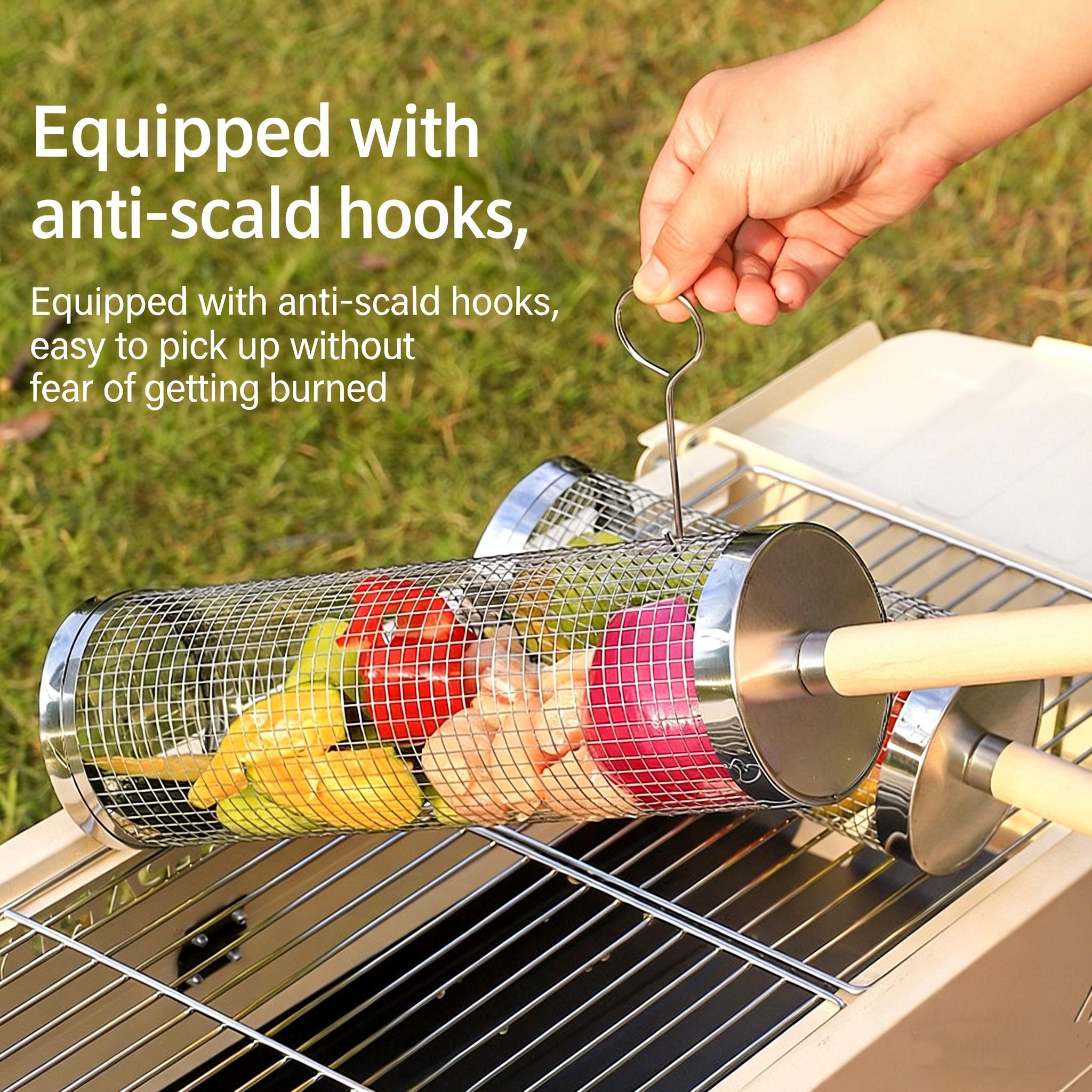 Upgrade BBQ Grill Basket, Portable Outdoor BBQ Net, Rotating Round Grill Tube, Ideal for Camping & Picnics, Durable Design