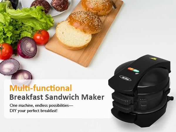 Sinvivi Mini Breakfast Sandwich Maker with Removable Egg Cooker Ring & Non-Stick Baking Plate, Black Electric Burger Press Maker, Multifunction Hamburger Patty Maker for bread, waffle, Sliders