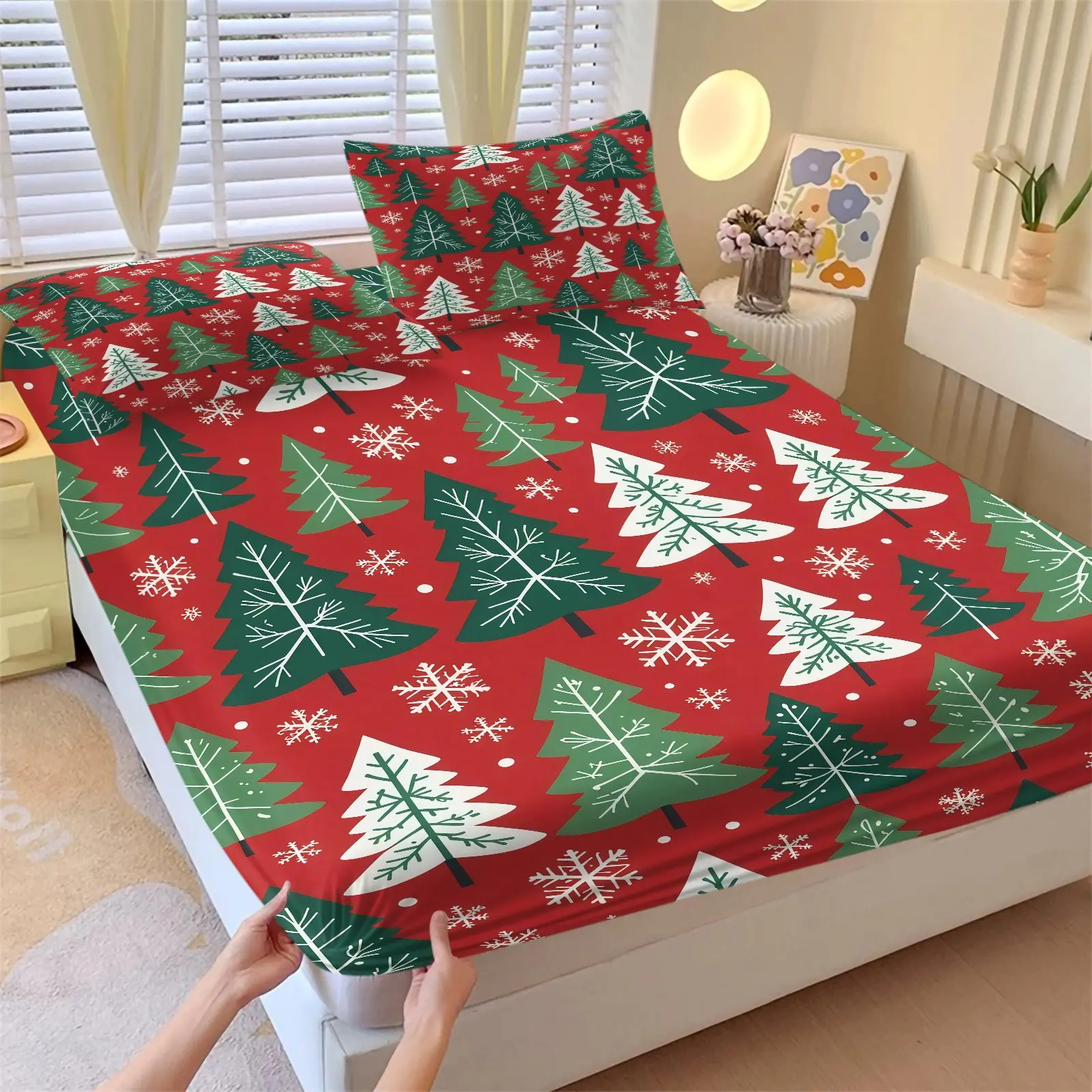 Christmas Themed Fitted Sheet with Printed Pine Tree Pattern, Anti-slip, Dustproof & Soft Bedding for Bedroom & Dorm, Ideal Housewarming & Christmas Gift. Includes 1 Fitted Sheet and 2 Pillowcases, Pillow Inserts NOT INCLUDED