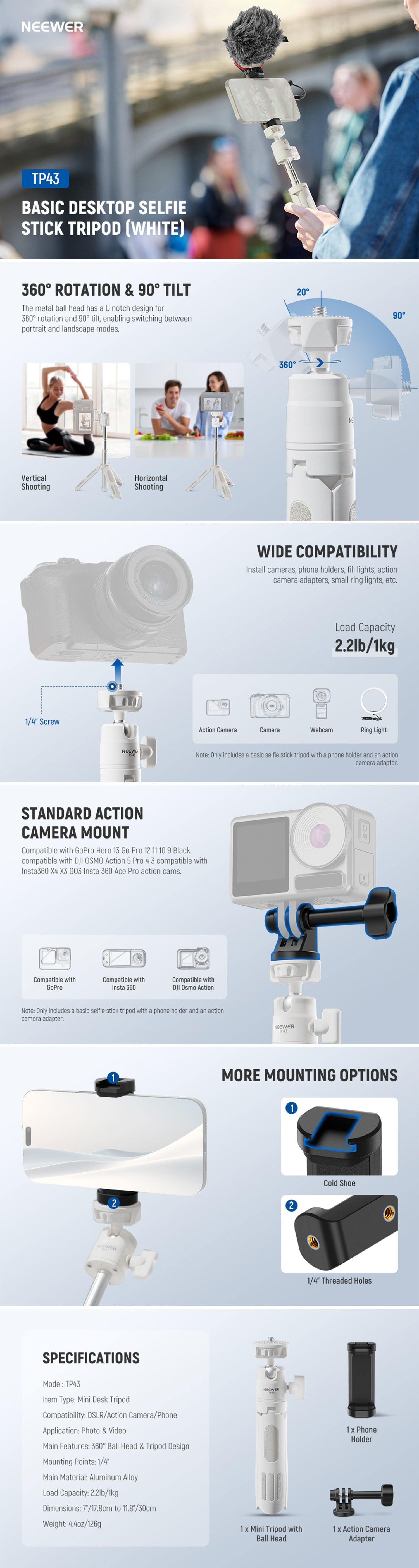 NEEWER BASICS TP43  Mini Desktop Selfie Stick Tripod Compatible with iPhone GoPro Insta360 DJI with 360° Ball Head Elevated Central Axis, Metal Portable Small Desk Camera Webcam Cell Phone Vlog Stand