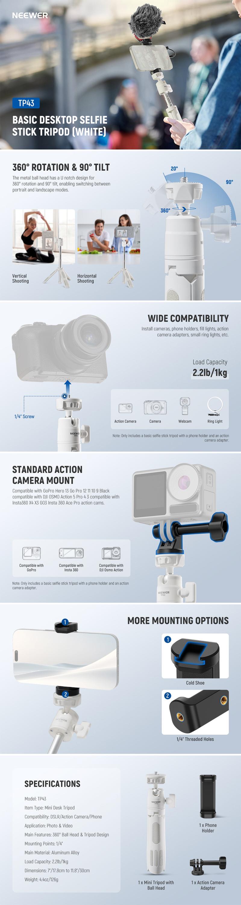 NEEWER BASICS TP43  Mini Desktop Selfie Stick Tripod Compatible with iPhone GoPro Insta360 DJI with 360° Ball Head Elevated Central Axis, Metal Portable Small Desk Camera Webcam Cell Phone Vlog Stand