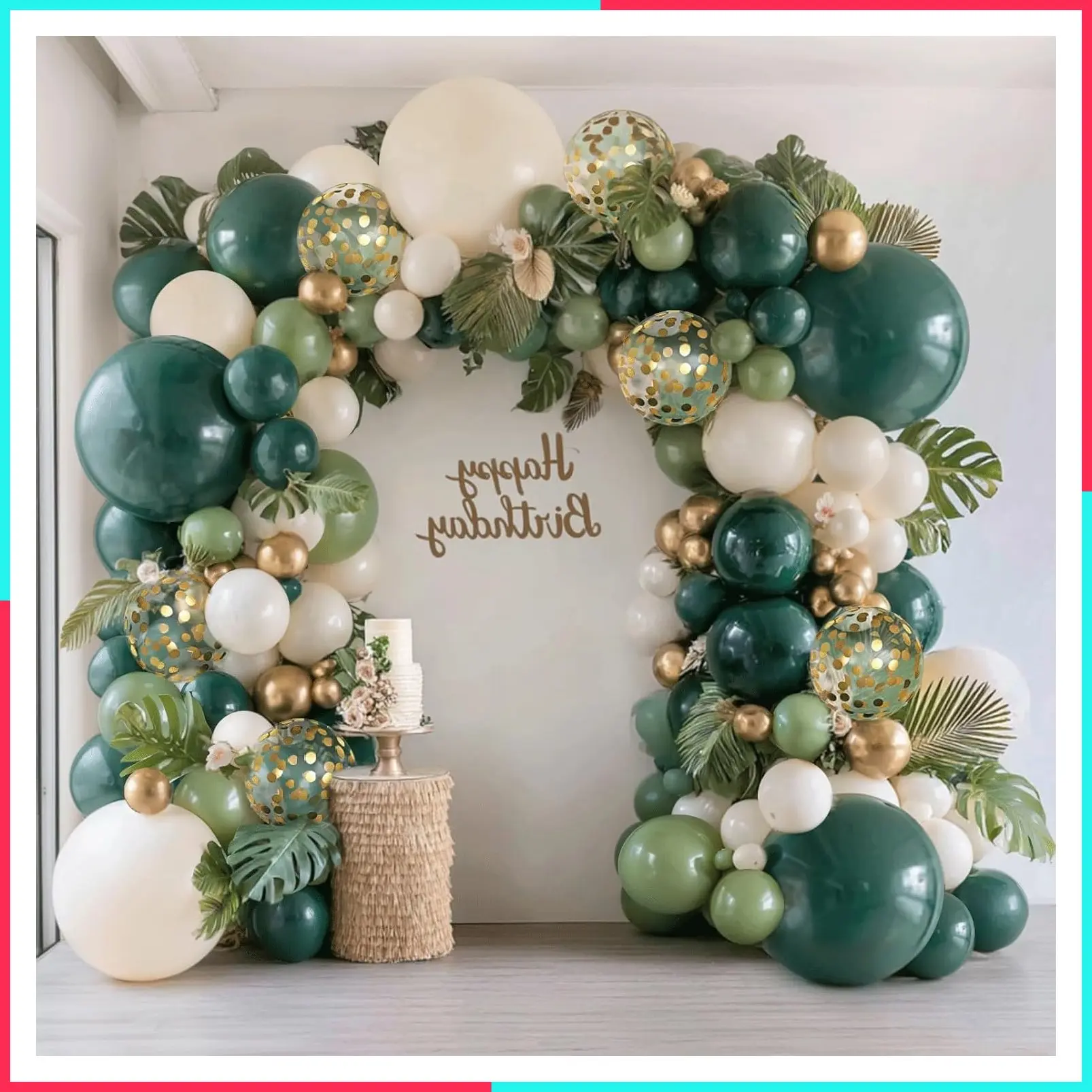 Emerald Green White Gold Balloons Arch Kit, Double Stuffed, Latex