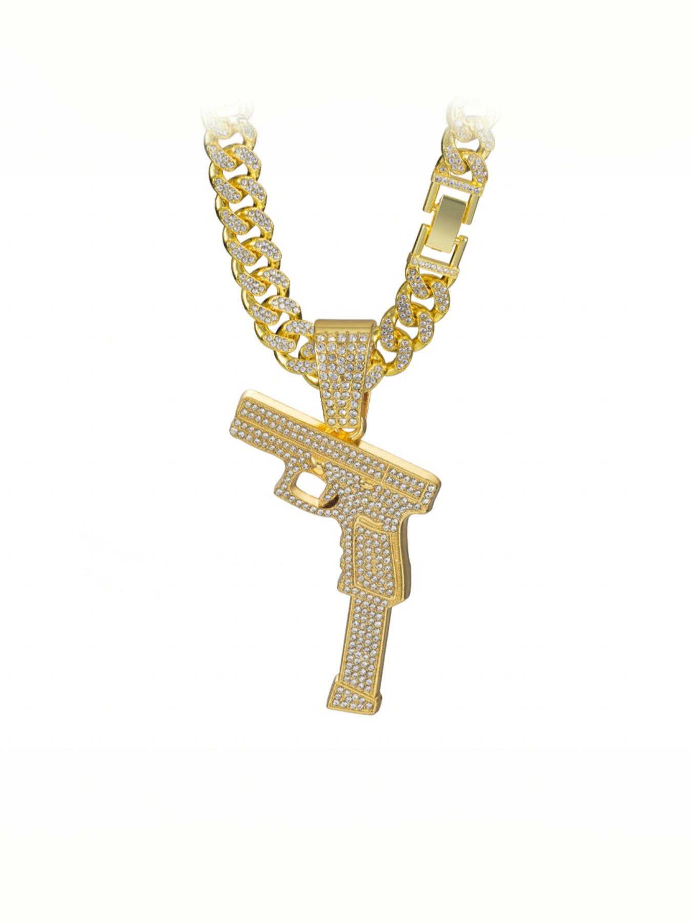 Hip Hop Gun Shape Zircon Pendant Necklace, Alloy Cuban Link Chain Street Style Art Culture Jewelry, Unisex Hipster Fashion Accessory