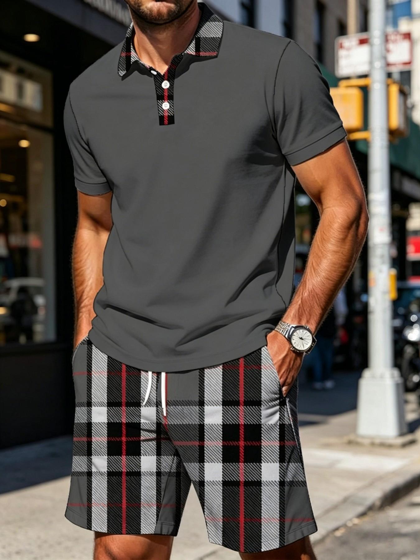 Summer Men's Menswear Plaid Checked Patchwork Set, Plaid Collar Polo Shirt + Plaid Shorts, Casual Two-Piece, Pocket, Drawstring Waist, Gift Idea Summer Men's Menswear Plaid Checked Patchwork Set, Plaid Collar Polo Shirt + Plaid Shorts, Casual Two-Piece, Pocket, Drawstring Waist, Gift Idea