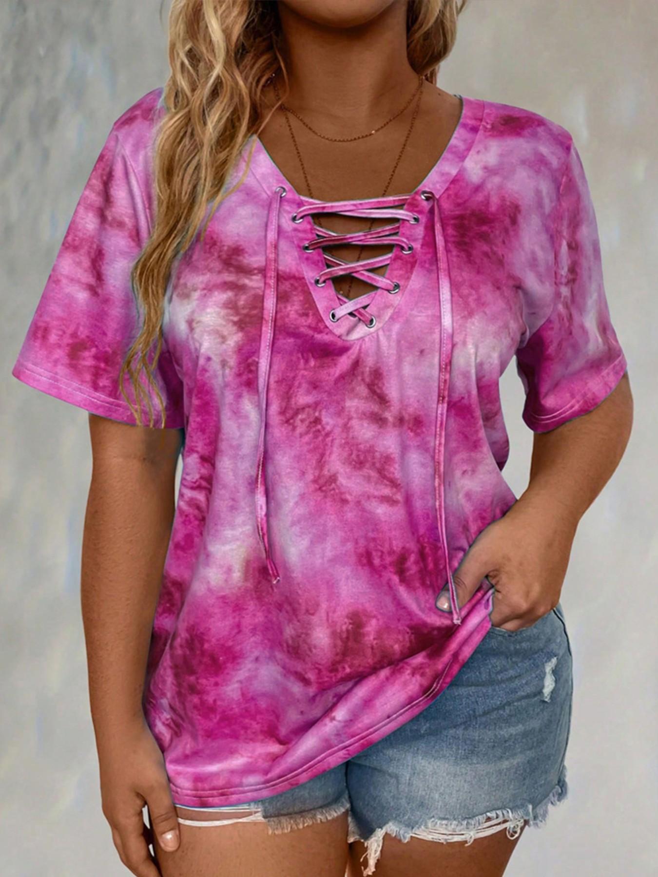 Plus Size Women's Tie Dye Print Front-Tie Adjustable Top, Casual Stretch Beachy Tee with Comfortable Fabric, Ideal for Daily Wear and Gifting