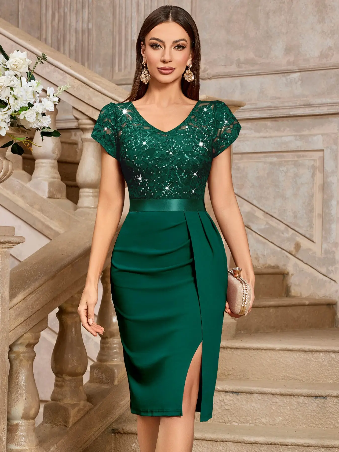 MIUSOL 54347A Elegant Contrast Sequin Lace Batwing Sleeve Ruched Split  Thigh Cocktail Party Formal Bodycon Dress, Wedding Guest Dress - TikTok Shop