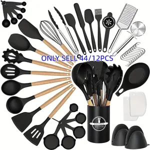 44-Piece Silicone Wooden Handle Cooking Spoons Set, Non-Stick Kitchen Utensils, Heat Resistant Baking Tools, Durable & Easy Clean Design