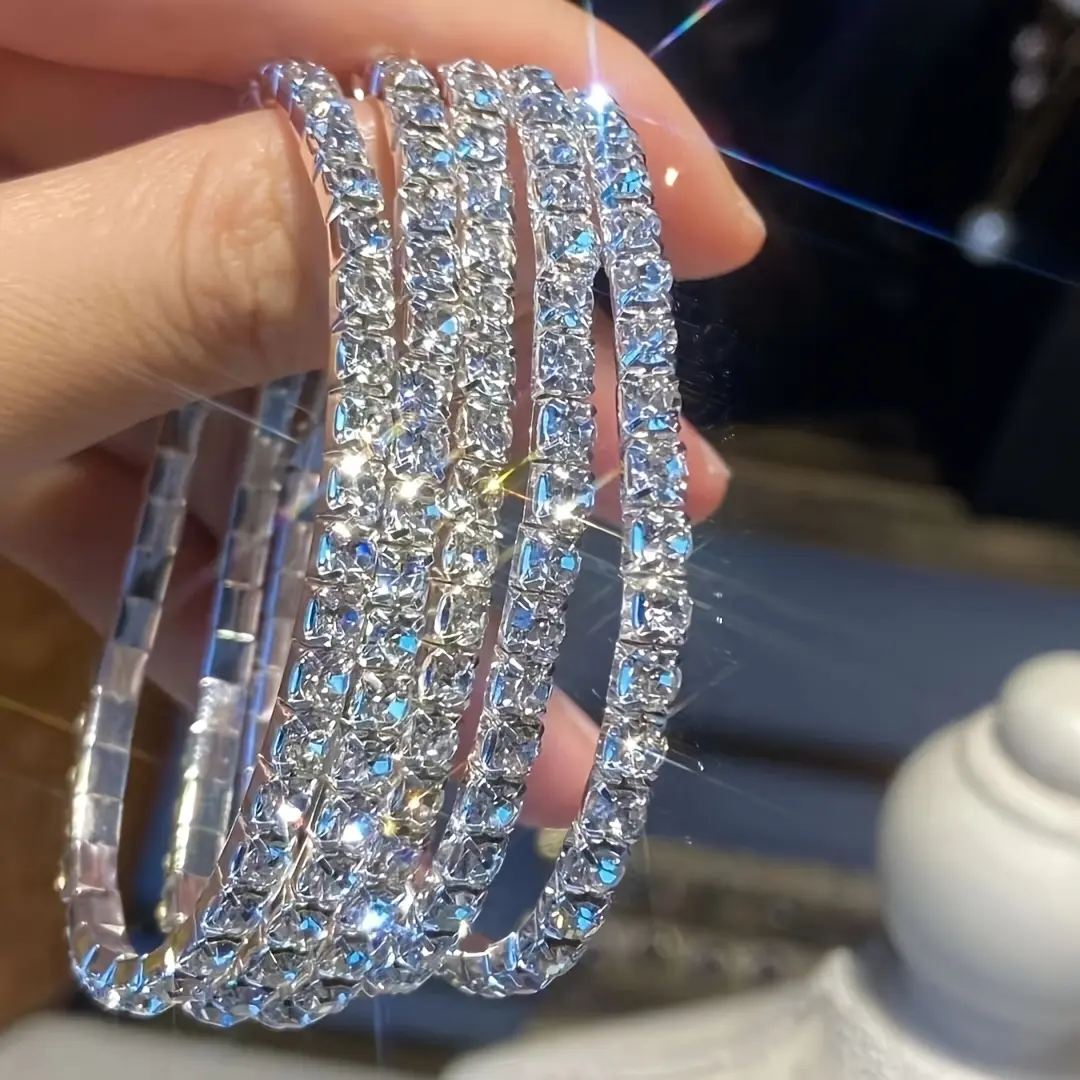 Set of 5 Sparkling Rhinestone Stretch Bracelets – Adjustable Party-Style Multi-Piece Set for Women