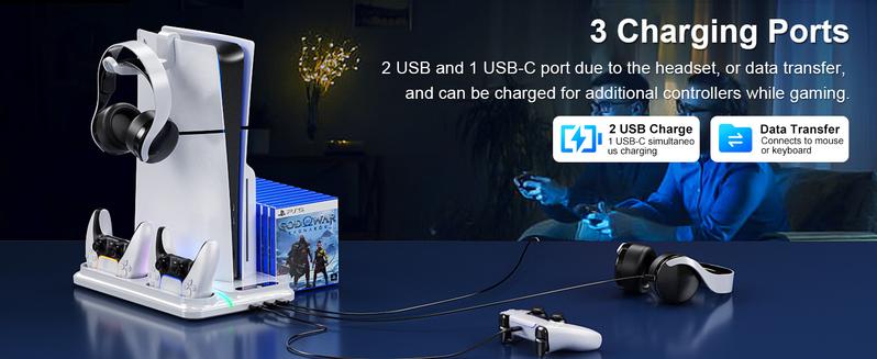 Ponkor PS5 Cooling and Charging Dock, Compatible with PlayStation 5 Standard, Slim and Pro Consoles (Disc & Digital), Featuring Dual PS5 Controller Charger, Adjustable 3-Speed Cooling Fan, 8 Modes Dynamic RGB Lighting, Headset Hook & 3 USB Hubs