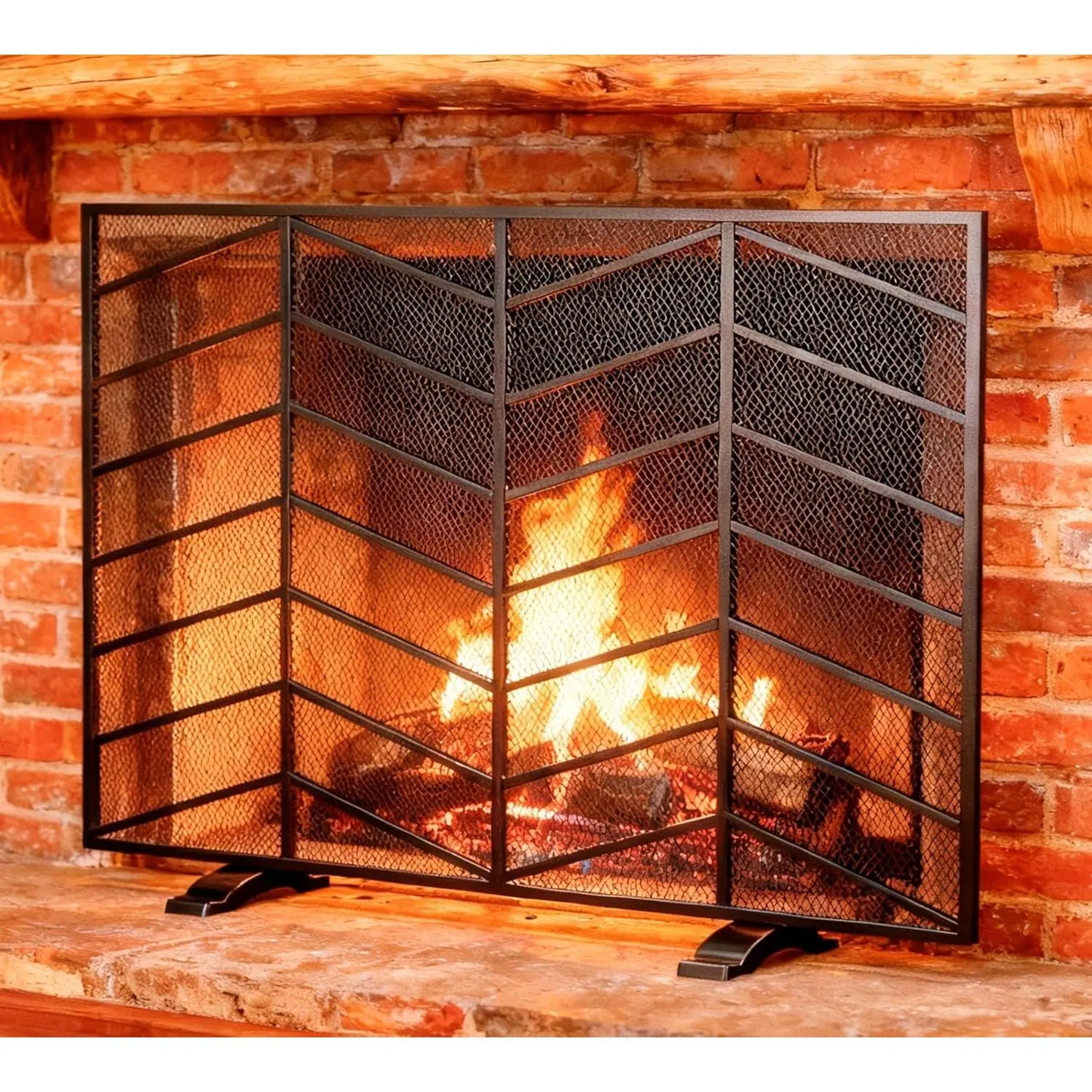 Iron Chevron Fireplace Screen for Home Use (Black | Solid Iron Structure, Adjustable Rear Legs, Wide Fire View For Family Indoor Use