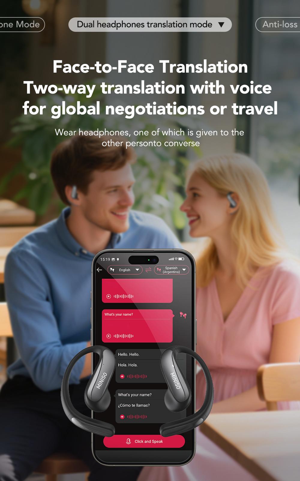 MINISO MS195 AI Translation Earbuds, Open Wireless Headphones, Download App to Translate 134 Languages, Bluetooth Smart Headphones,Suitable for music and calls