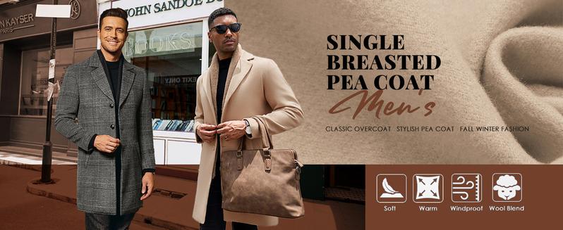 COOFANDY Mens Wool Blend Coat Winter Trench Coats Notched Lapel Collar Single Breasted Overcoat Classic Peacoat With Pockets Menswear Casual