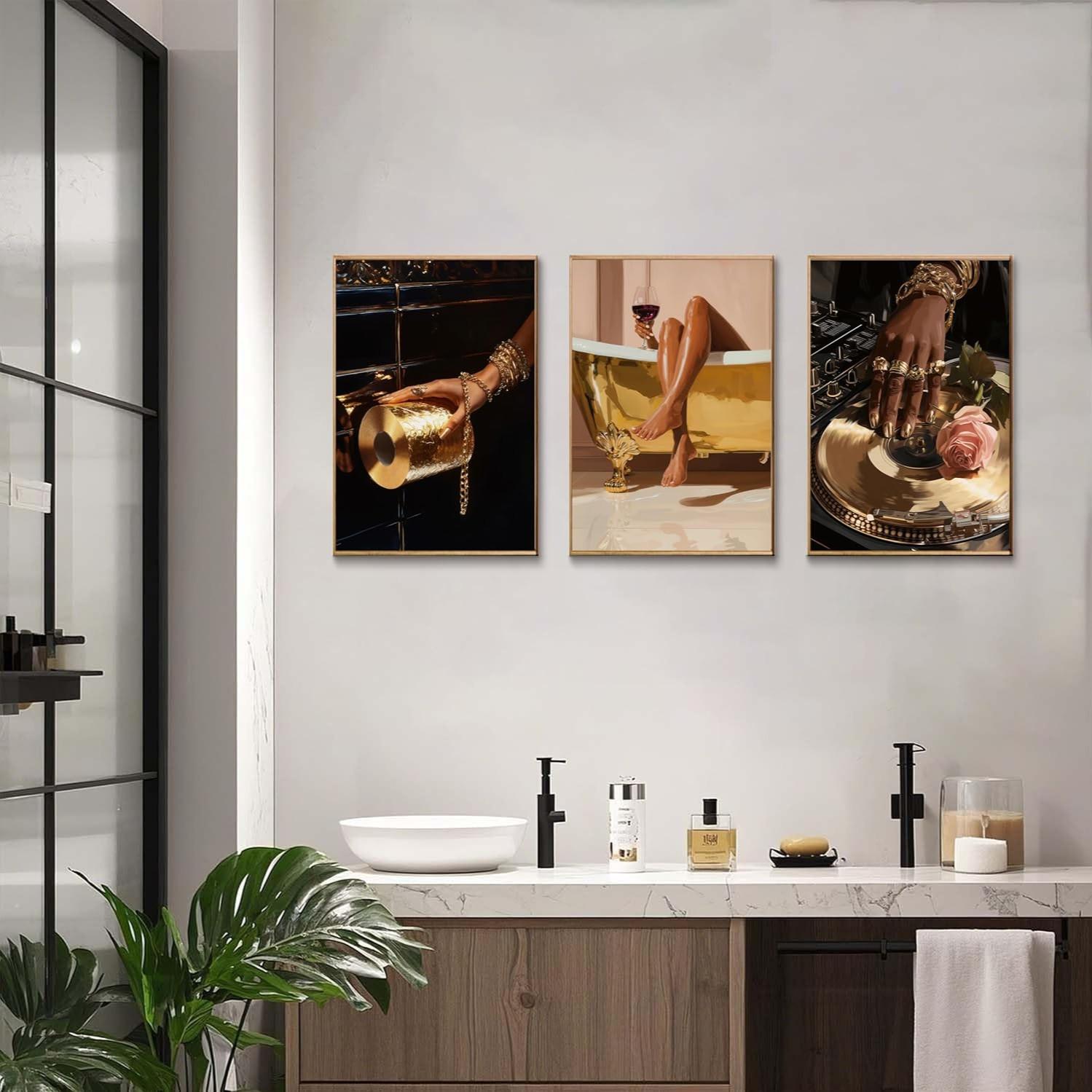 3Pcs Stylish Black Girl Bathroom Wall Art Modern Art Design Gold African American Women Posters Prints Personalized Bathroom Aesthetics Images Wall decor for Bathroom Living Room Bedroom Unframed