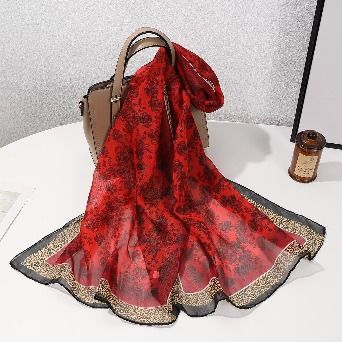 Women's Summer Scarf, Leopard Print Chiffon Wrap, Casual Loose-Fit Travel Shawl, Vintage Floral Beach Cover-Up, No Iron Required