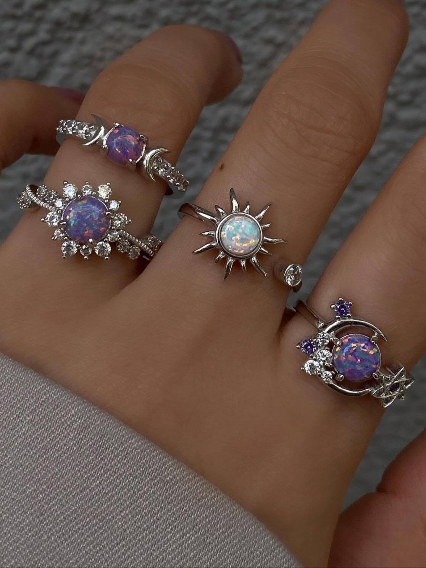 Fashionable Gemstone Ring Set, Sun Moon Diamond Accent Luxury Geometric Rings, High-End Style Jewelry for Women