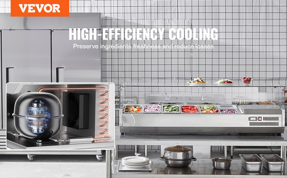 VEVOR Commercial Use Refrigerated Condiment Prep Station, 150W Countertop Single Unit, 304 Stainless Steel Body, 4 1/3 Pans, 4 1/6 Pans, Transparent PC Cover, Glass Guard, Digital Control Containers, ETL Certified