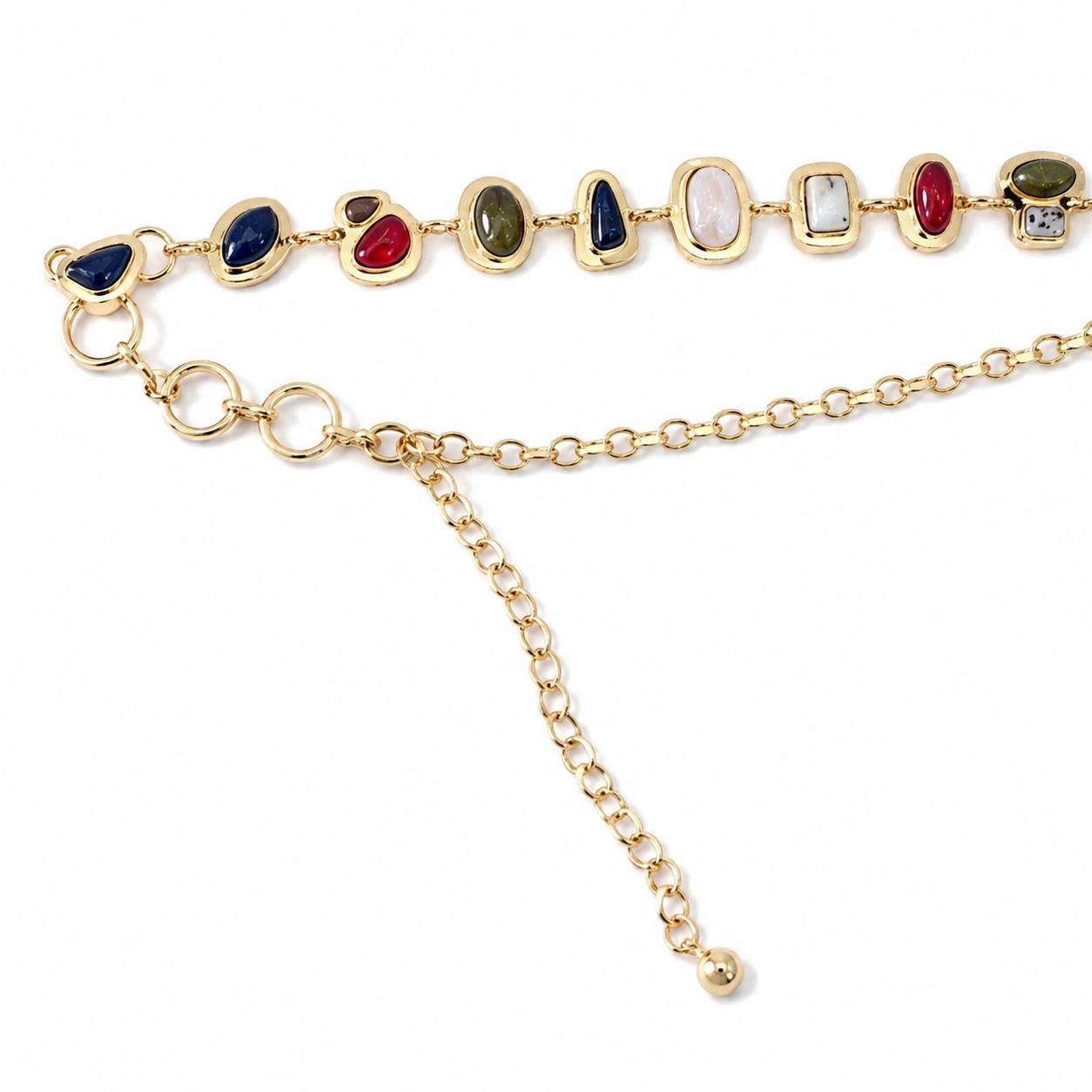 Vintage Colorful Gemstone Necklace, Retro Geometric Multi‑Stone Metal Chain Choker