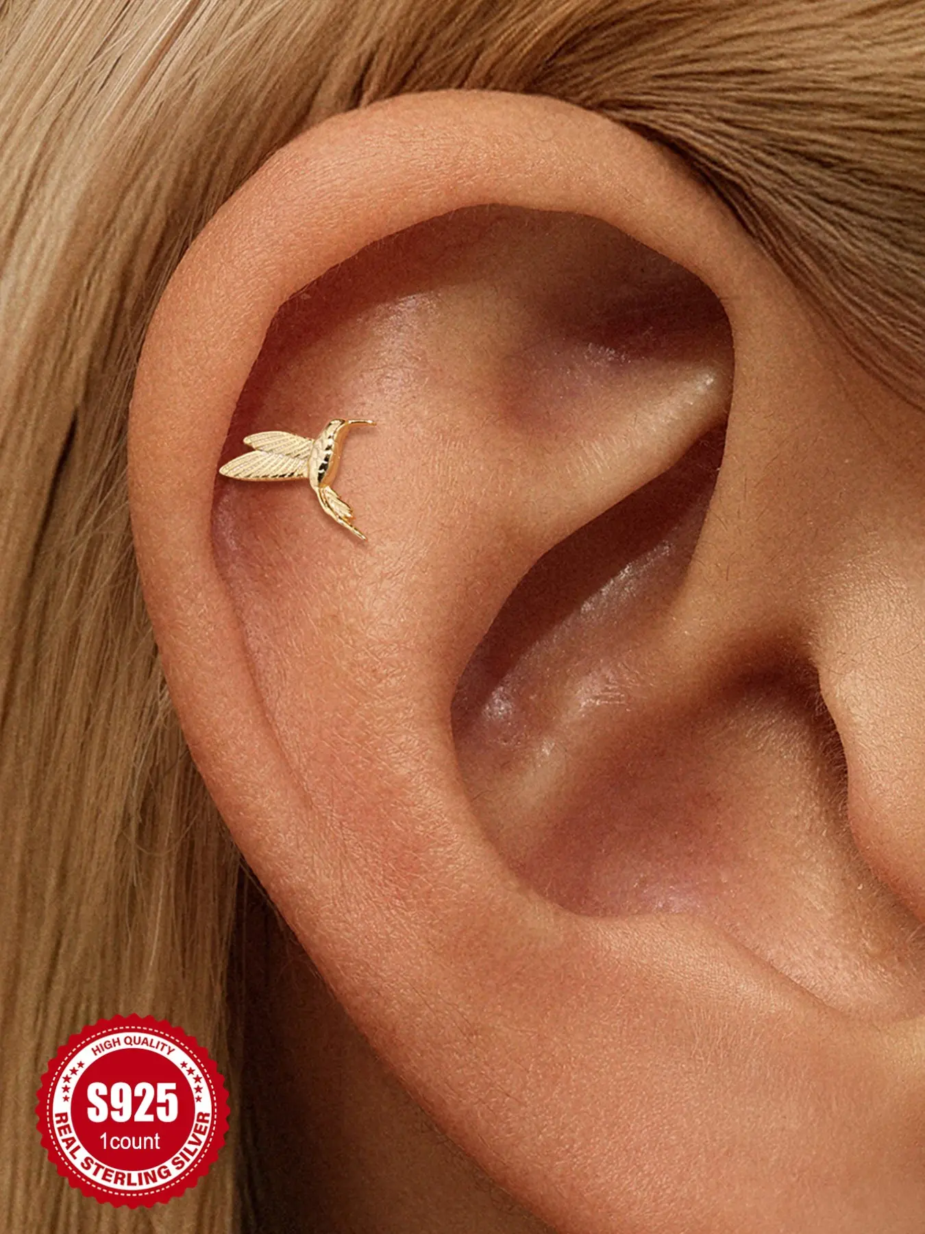 Waterproof 18K Gold Plated S925 Sterling Silver Hummingbird Stud | 1PC Polished Animal Cartilage Earring | Internally Threaded Flatback Sleep Safe Shower Safe | Hypoallergenic Ethereal Celestial Ear Stacking Jewelry