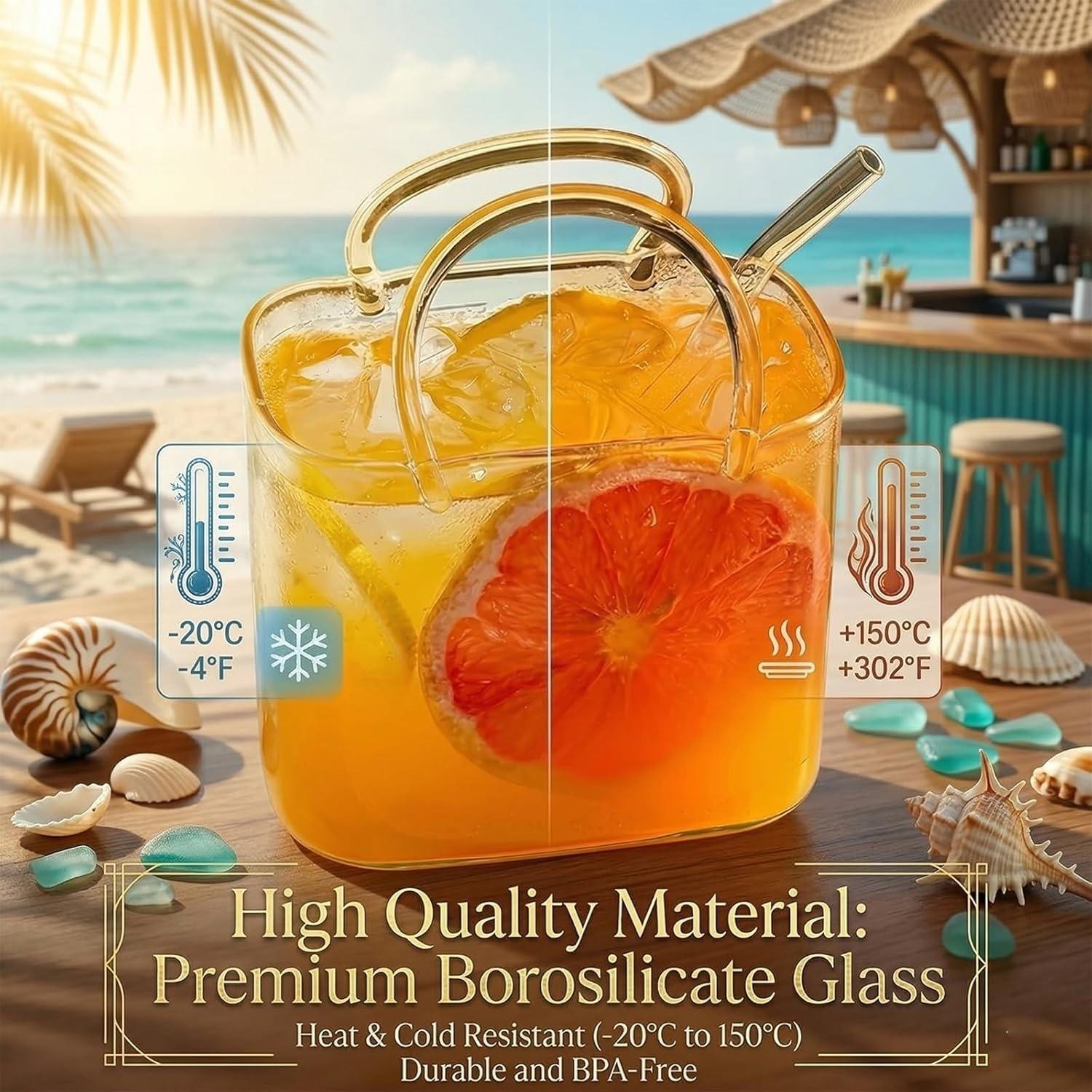 Glass Handbag Shape Cocktail Cup, Unique Handle and Straw Wine Glass Vase, Room Decor Juice Afternoon Tea Flower Picnic Cup