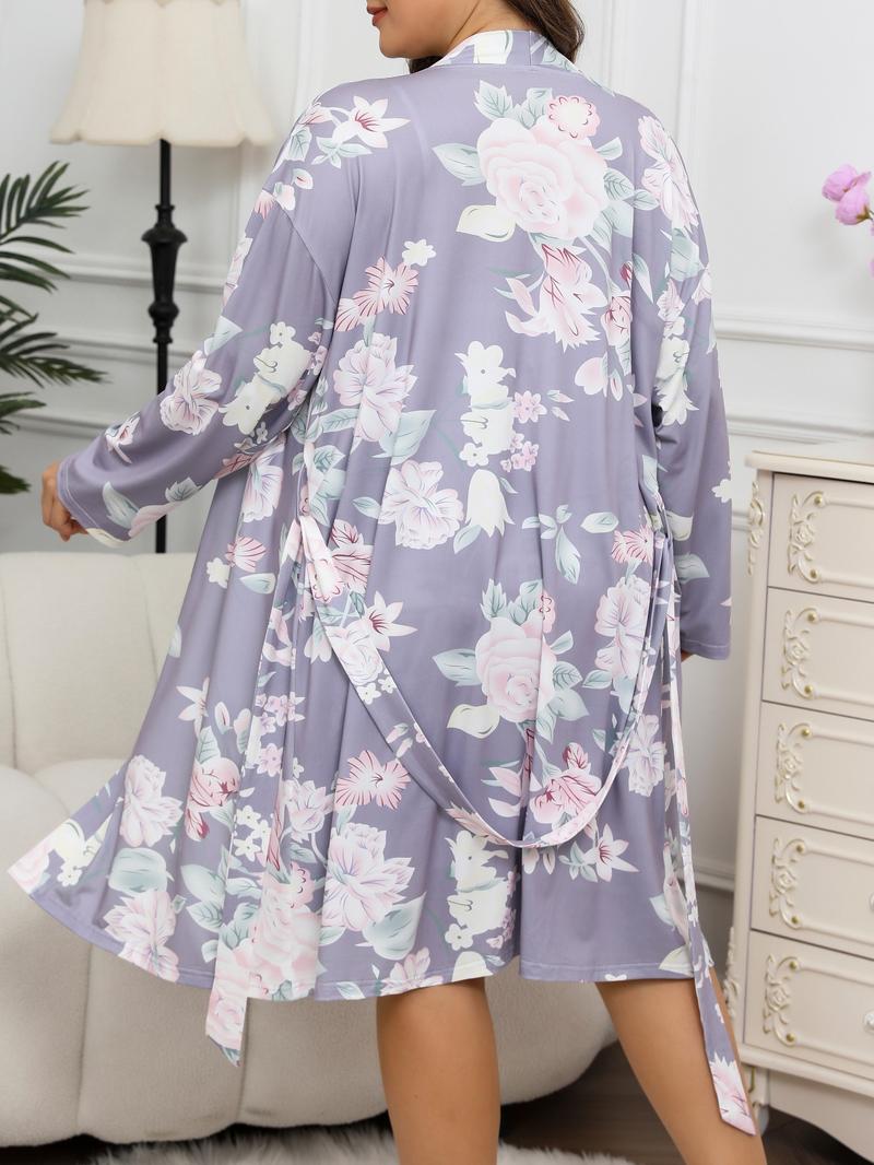【Plus Size】 Floral Print Cami Nightdress & Bathrobe Set, Casual Soft Comfortable Nightdress & Long Sleeve Dressing Gown, Women's Sleepwear for All Seasons, Casual Comfy Nightdress