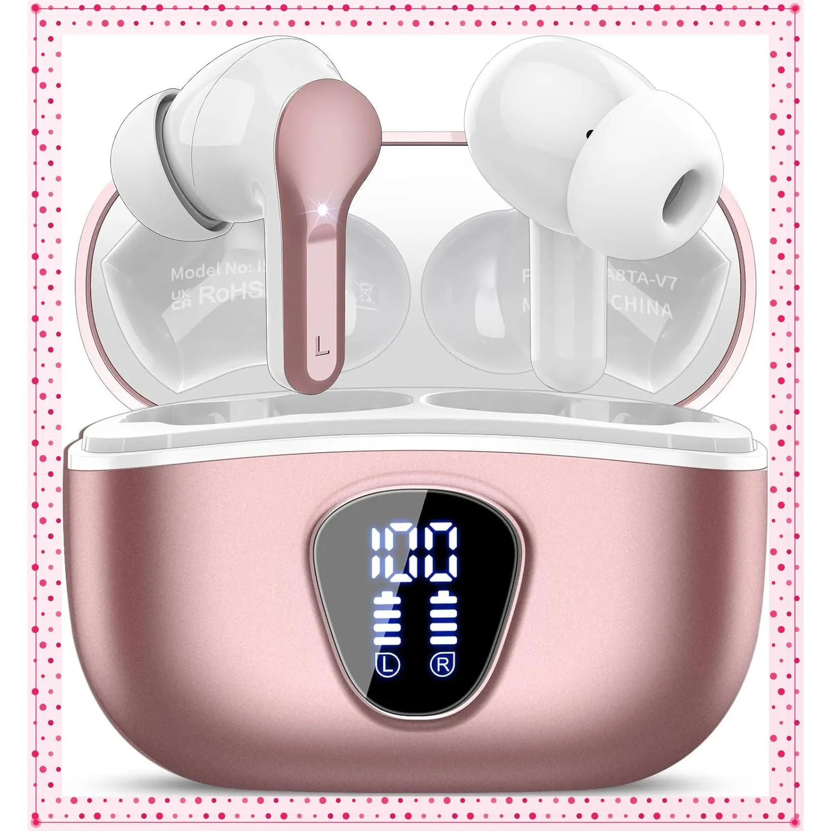 Bluetooth 5.4 Wireless Earbuds Headphones with ENC Noise Cancelling Mic, HiFi Stereo, IP7 Waterproof, 48H Battery, LED Display, Rose Gold - Ideal for Workout, Pad, PhonesGift