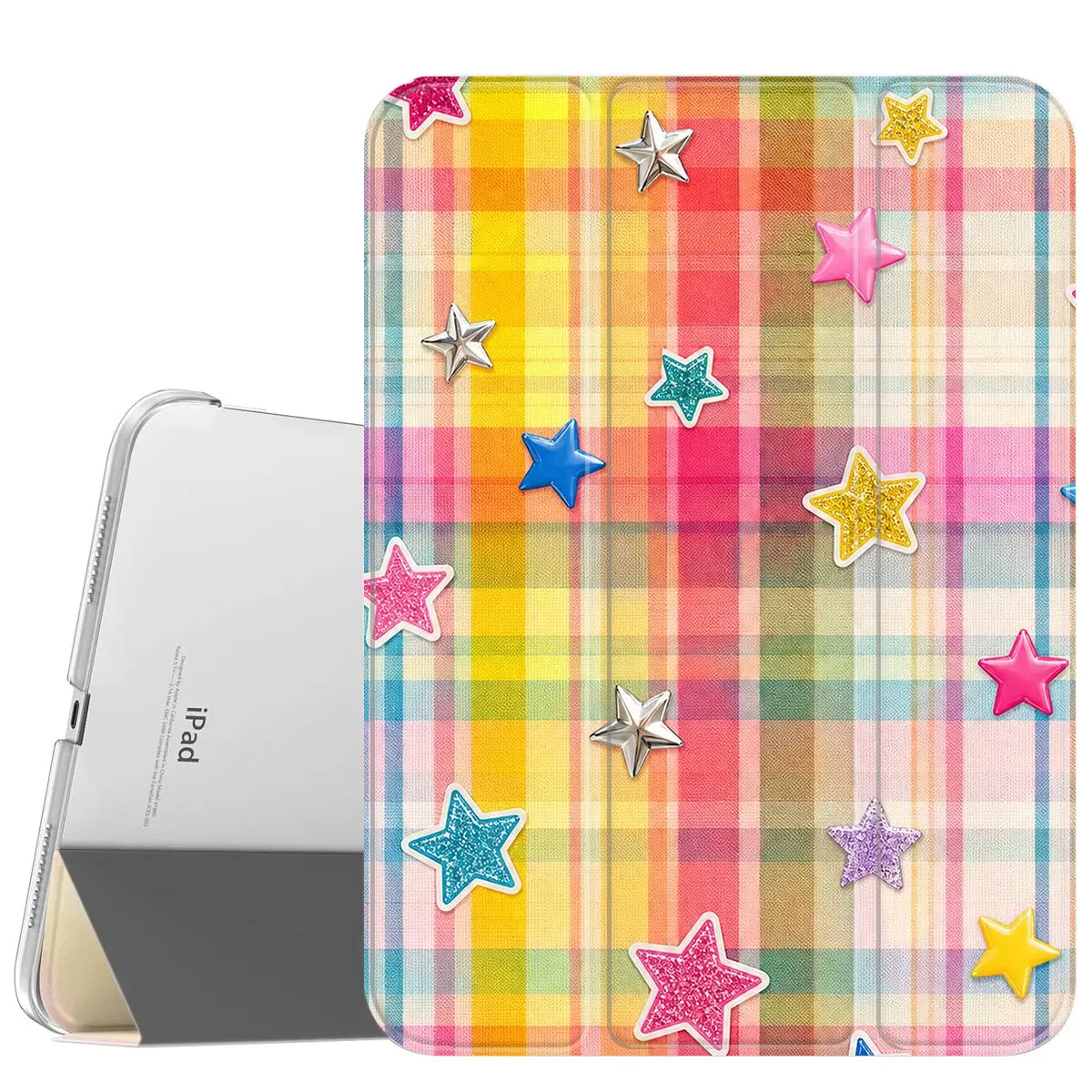 Cute Colorful Star Plaid Pattern Tablet Casing Slim Stand Accessory with Soft Translucent Frosted Back Pencil Holder Compatible with iPad A16 2025, iPad Air 6, Samsung Galaxy Tab S9