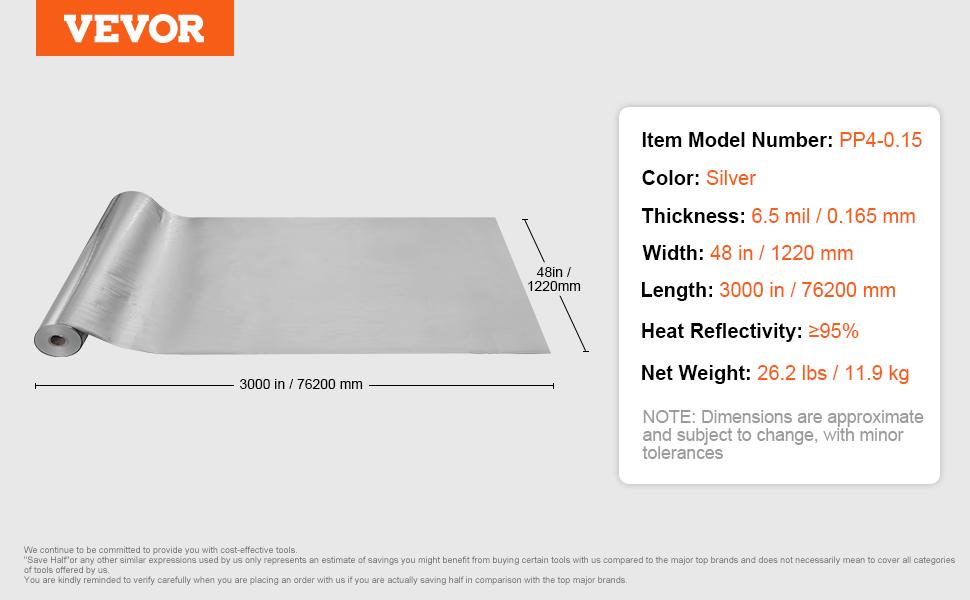 VEVOR Double Reflective Insulation Roll, Woven Fabric Radiant Barrier, 6.5 Mil 48 inx 250 ft, Aluminum Foil PE Woven Cloth Heat Reflective Shield, Thermal Insulation Roll for Window RV Roof