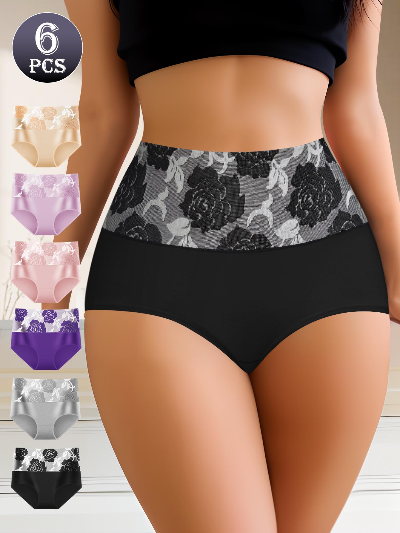 QUASTI 6 Pack High Waist Colorblocking Cotton Women's Briefs with Printed Design,High Elasticity Tummy Control Hip Lifting Elegant Underwear,Flower Power Panties,Soft Comfortable Womenswear Mixed Color,Fashionable Elegant Women's Panty,S-XXL