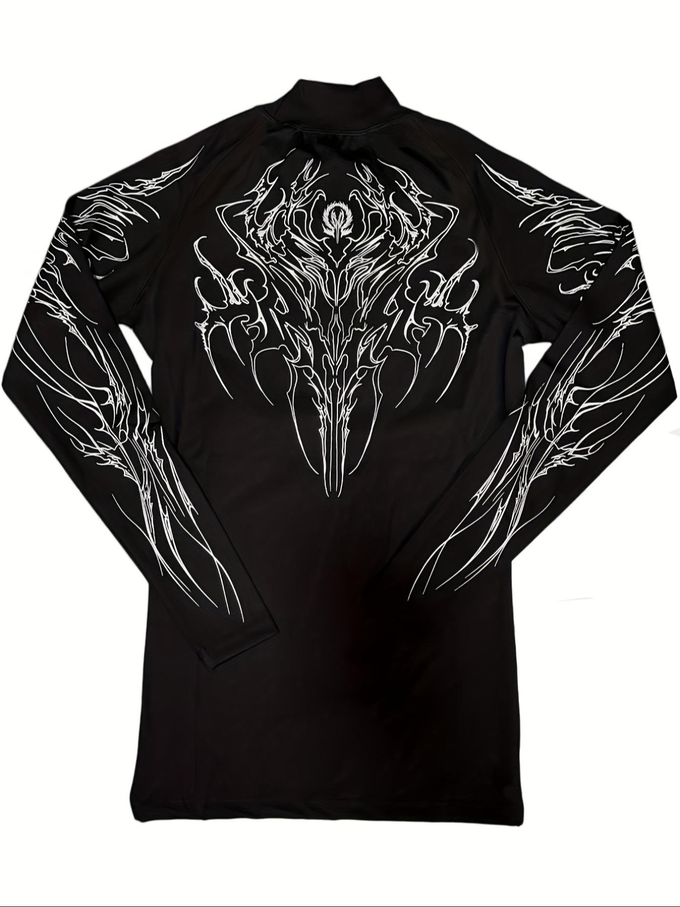 Men'S Gym Wear Compression Long Sleeve Shirt - High Neck Muscle Fitness Tee with Geometric Print, Contrast Design, Stretchy & Slim Fit for Gym, Running, Sports Apparel, Athletic Compression Shirts | Athletic Shirt