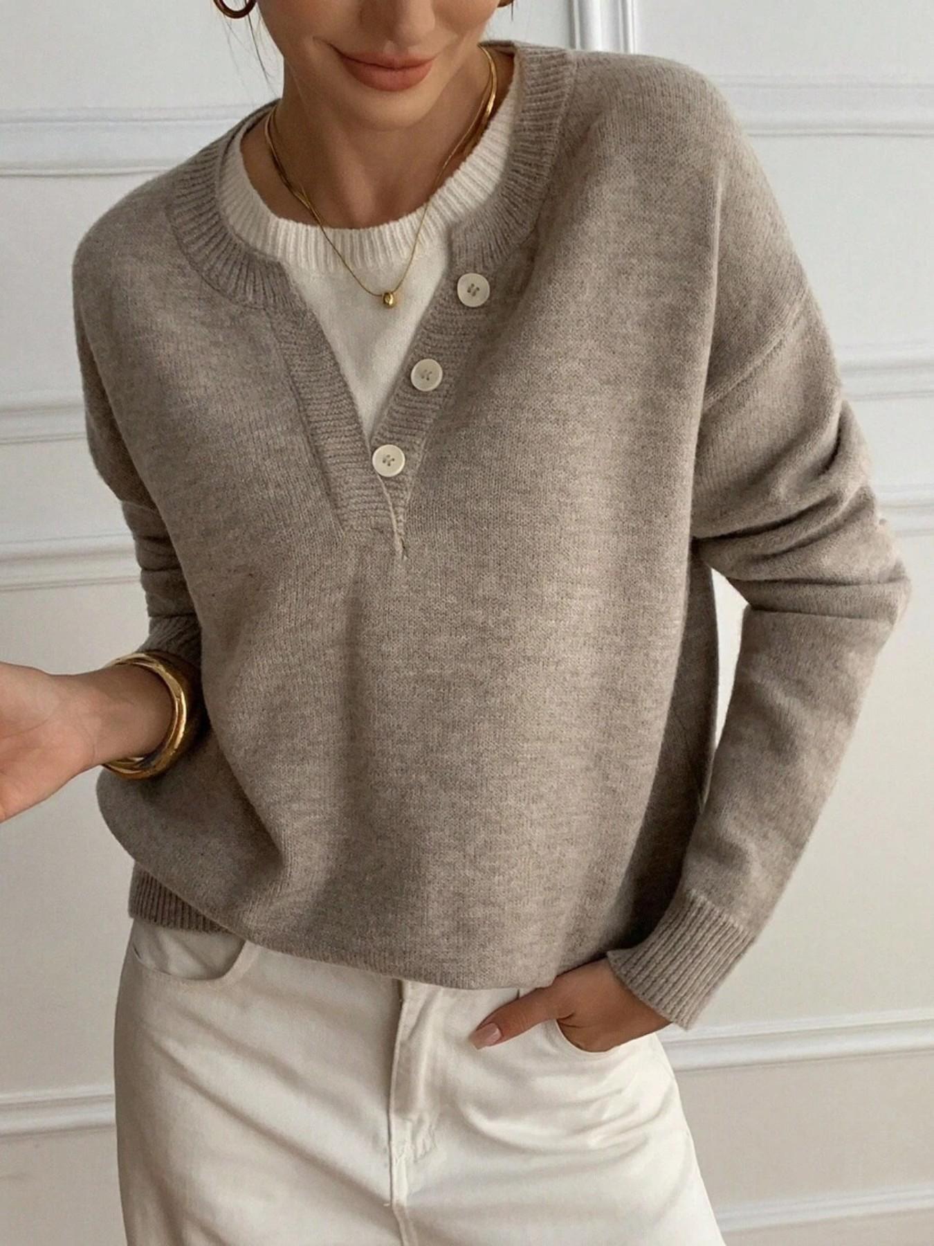Women's Henley Neck Button Front Color Block Long Sleeve Vintage Chic Pullover Sweater, Knitwear, Knitting, Autumn Winter Casual Loose Fit 2 In 1 Sweater Top For Fall, Fashion Soft Daily Work Street Cute Daily Knitted Top for Women Collared Knit Top