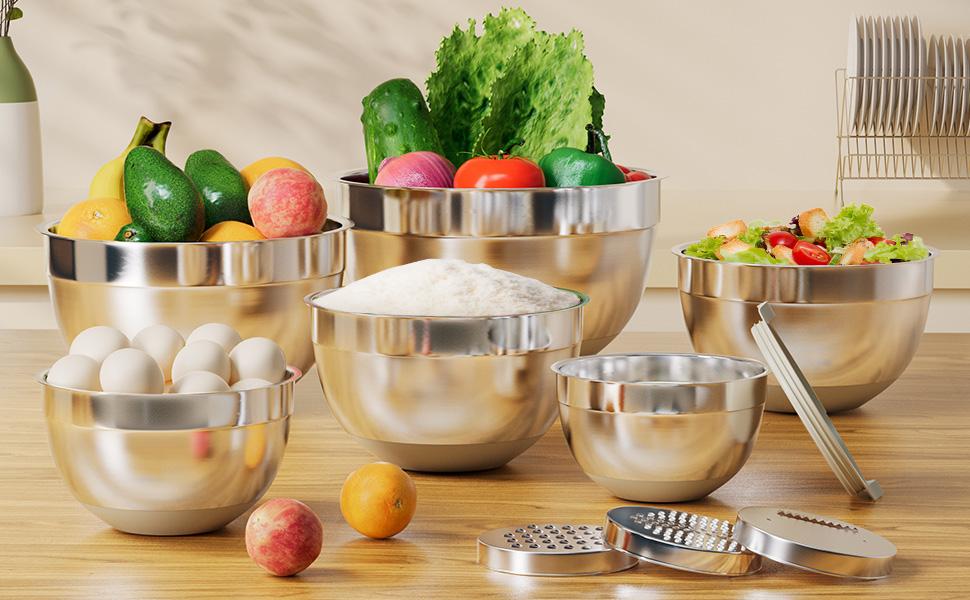 6 Piece Mixing Bowls with Lids Set, Stainless Steel Nesting Storage Bowls for Kitchen, with 3 Grater Attachments & Non-Slip Bottoms, Size 5.5,3.5,2.5,2.1,1.5,1.1 QT Home Tableware 6 Piece Mixing Bowls with Lids Set, Stainless Steel Nesting Storage Bowls for Kitchen, with 3 Grater Attachments & Non-Slip Bottoms, Size 5.5,3.5,2.5,2.1,1.5,1.1 QT Home Tableware