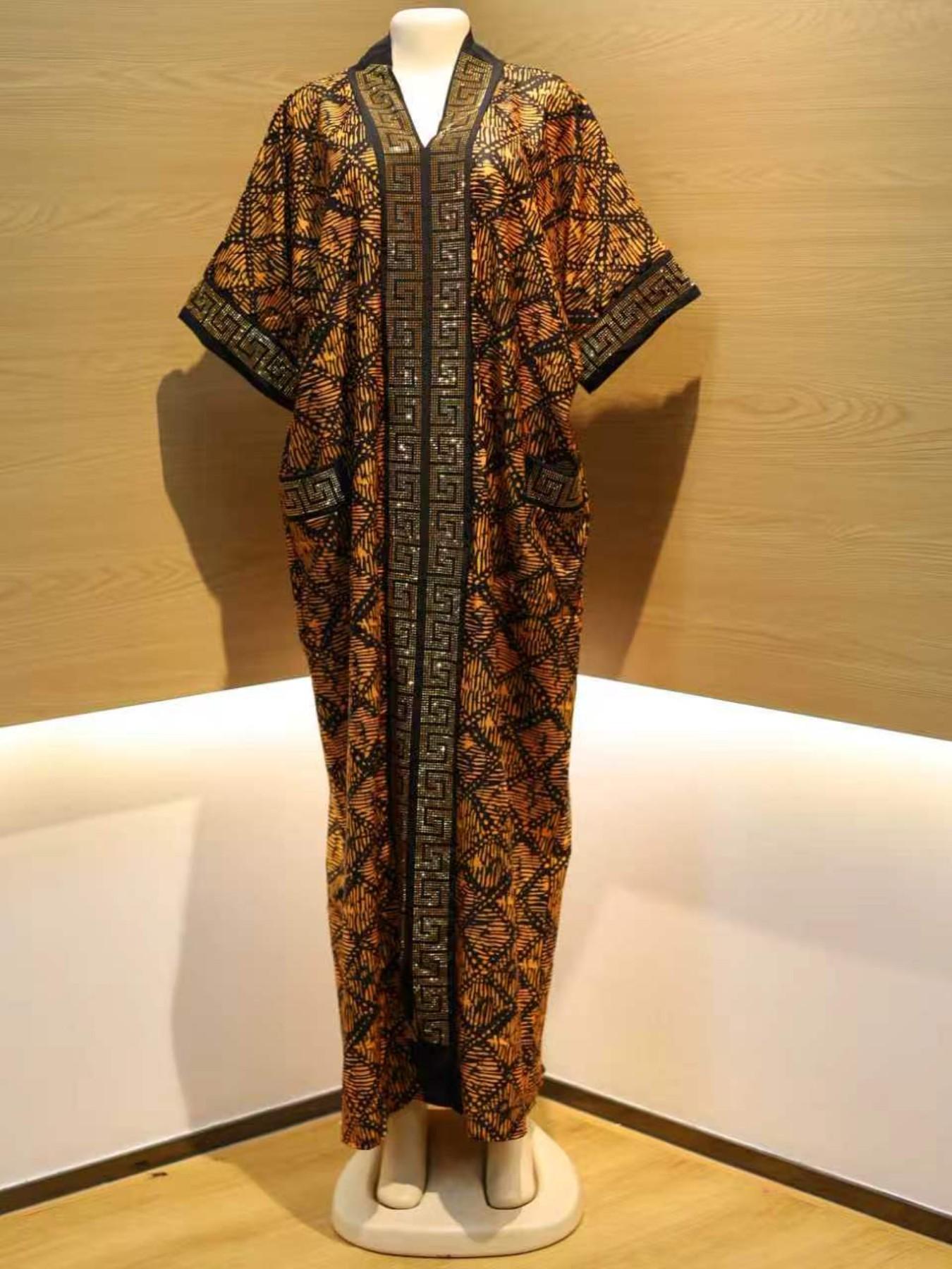Hot selling plus size loose ethnic women's boubou kaftan high-end hot stamping printing V-neck short sleeved summer casual daily slimming retro party dress