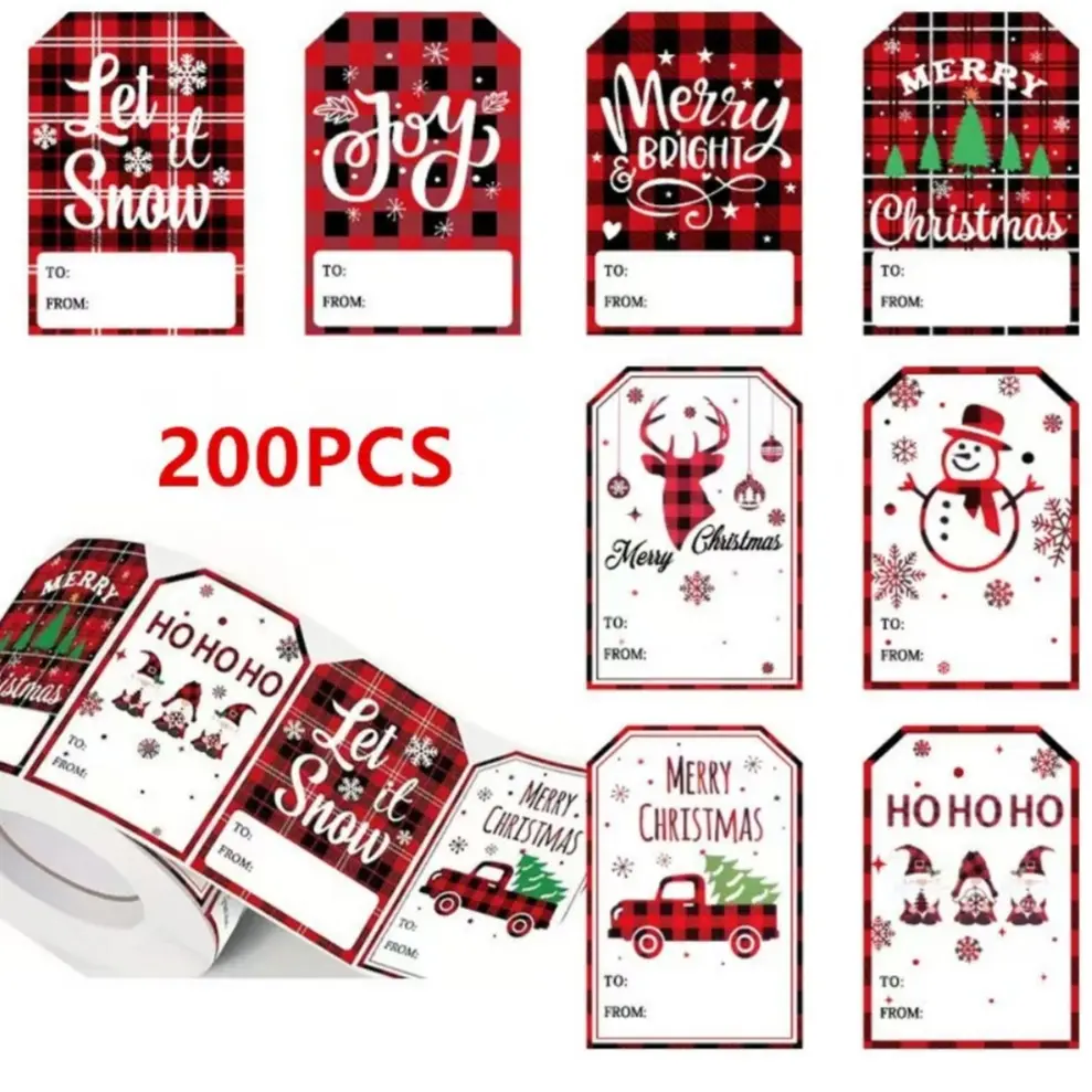 Self-Adhesive Holiday Gift Tags Roll, 200 Labels for Christmas Presents, Craft Supplies, Adhesive Stickers for Packaging, Sticky Labels