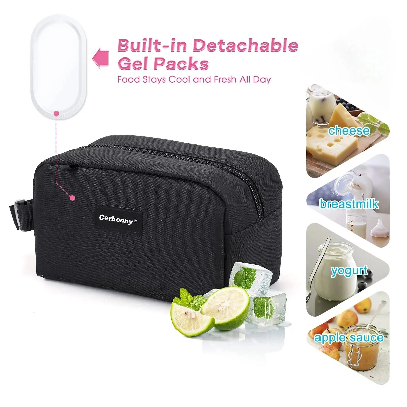 Cerbonny Black Cooler Bag Freezable Lunch Bag for Work School Travel Built-in Removable Ice Pack,Leak-proof Small Lunch Bag